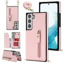 Crossbody Wallet Case for Samsung Galaxy S24 with RFID Blocking Card Slot Holder, Magnetic Flip Folio Purse Case, Premium PU Leather Zipper Handbag with Detachable Lanyard Strap, Pink