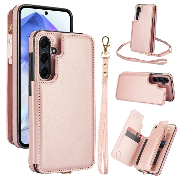 Crossbody Wallet Case for Samsung Galaxy S24, RFID Blocking Leather Purse Case with Card Holder, Double Flip-top Designing,Protective Flip Cover with Zipper Wrist Strap & Lanyard,Rosegold