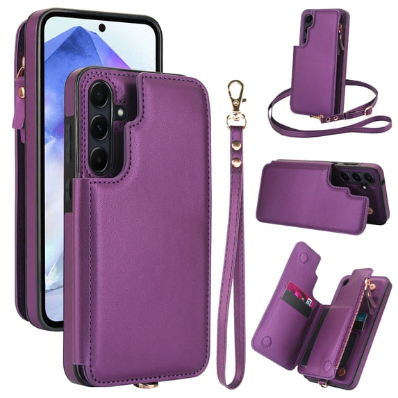 Crossbody Wallet Case for Samsung Galaxy S24, RFID Blocking Leather Purse Case with Card Holder, Double Flip-top Designing,Protective Flip Cover with Zipper Wrist Strap & Lanyard,Darkpurple