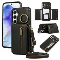 Crossbody Wallet Case for Samsung Galaxy S24, with Shoulder Strap Card Slots Ring Holder, Magnetic Flip Folio Zipper Purse Case, PU Leather Kickstand Cover Handbag for Galaxy S24, Black