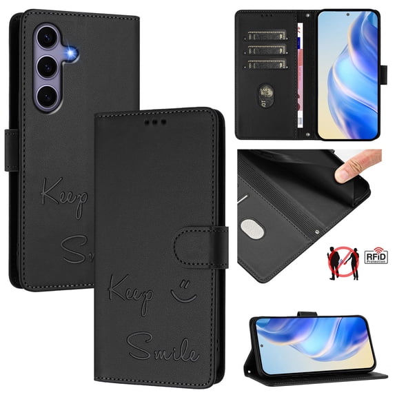 Crossbody Wallet Case for Samsung Galaxy S24, Smile Pattern PU Leather Phone Case with Kickstand RFID Blocking Card Slots, Magnetic Closure Folio Cover with Wrist Strap Lanyard, Black