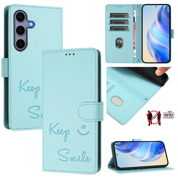 Crossbody Wallet Case for Samsung Galaxy S24, Smile Pattern PU Leather Phone Case with Kickstand RFID Blocking Card Slots, Magnetic Closure Folio Cover with Wrist Strap Lanyard, Mint