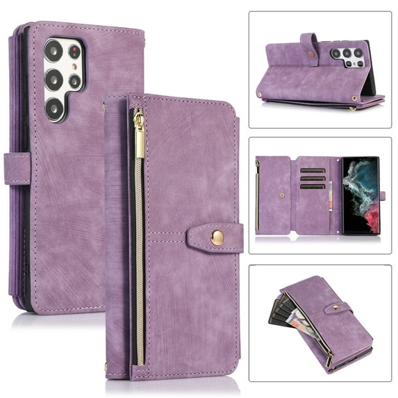 Crossbody Wallet Case for Samsung Galaxy S24 Ultra with Shoulder Strap Lanyard, PU Leather Flip Kickstand Cover with Card Holder Zipper Pocket Shockproof Magnetic Clasp Phone Case, Purple