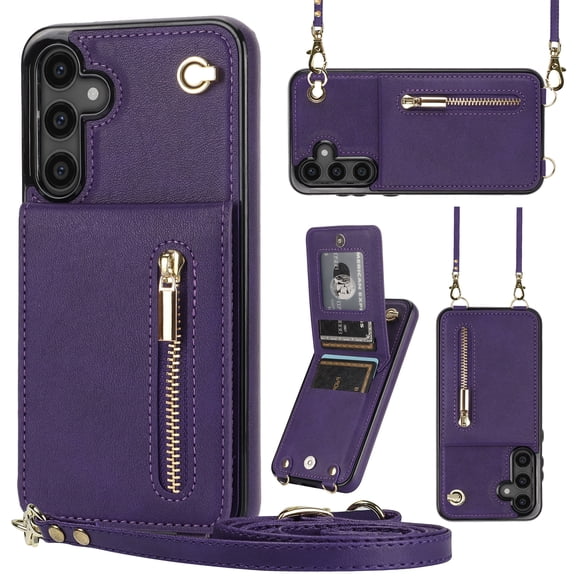 Crossbody Wallet Case for Samsung Galaxy S25 with Card Holders RFID Shockproof Cover, Back Magnetic Flip Kickstand Zipper Slot Case, PU Leather Cover Handbag Shoulder Strap Phone Case,Purple