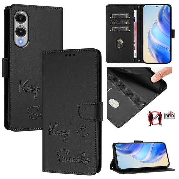 Crossbody Wallet Case for Samsung Galaxy S25 Edge, Smile Pattern PU Leather Phone Case with Kickstand RFID Blocking Card Slots, Magnetic Closure Folio Cover with Wrist Strap Lanyard, Black