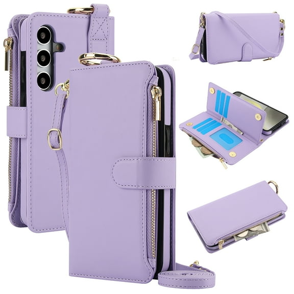 Crossbody Wallet Case for Samsung Galaxy S25 FE RFID Blocking Card Slots, PU Leather Wristband Strap Zipper Pocket Phone Case with Stand Secure Ring Buckle for Samsung Galaxy S25 FE, Violet