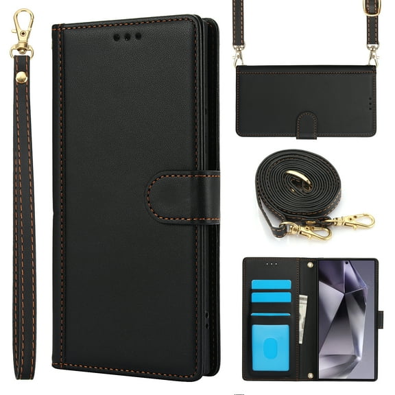 Crossbody Wallet Case for Samsung Galaxy S25 Plus Card Holder PU Leather Magnetic Snap Lanyard Wrist Strap Shockproof Full Body Protection Purse Phone Case for Samsung Galaxy S25 Plus, Black