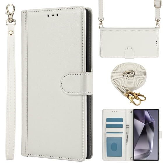 Crossbody Wallet Case for Samsung Galaxy S25 Plus Card Holder PU Leather Magnetic Snap Lanyard Wrist Strap Shockproof Full Body Protection Purse Phone Case for Samsung Galaxy S25 Plus, White