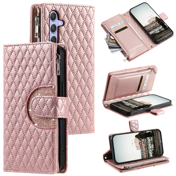 Crossbody Wallet Case for Samsung Galaxy S25 Plus Glitter PU Leather Phone Case with Card Slots Kickstand Wrist Strap Cover Magnetic Closure Flip Handbag Zipper Purse Case for Women Girls, Rosegold