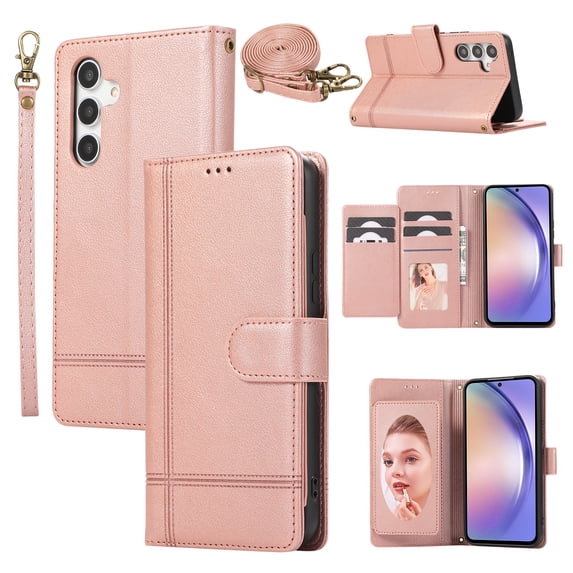 Crossbody Wallet Case for Samsung Galaxy S25 Plus, PU Leather Case Wallet with Lanyard Strap, Card Holder and Make-up Mirror, Full Protection Flip Stand Cover for Samsung Galaxy S25 Plus, Rosegold