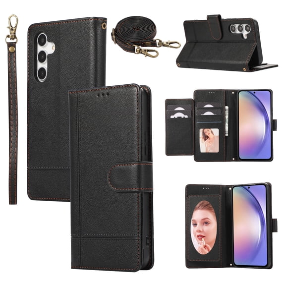 Crossbody Wallet Case for Samsung Galaxy S25 Plus, PU Leather Case Wallet with Lanyard Strap, Card Holder and Make-up Mirror, Full Protection Flip Stand Cover for Samsung Galaxy S25 Plus, Black
