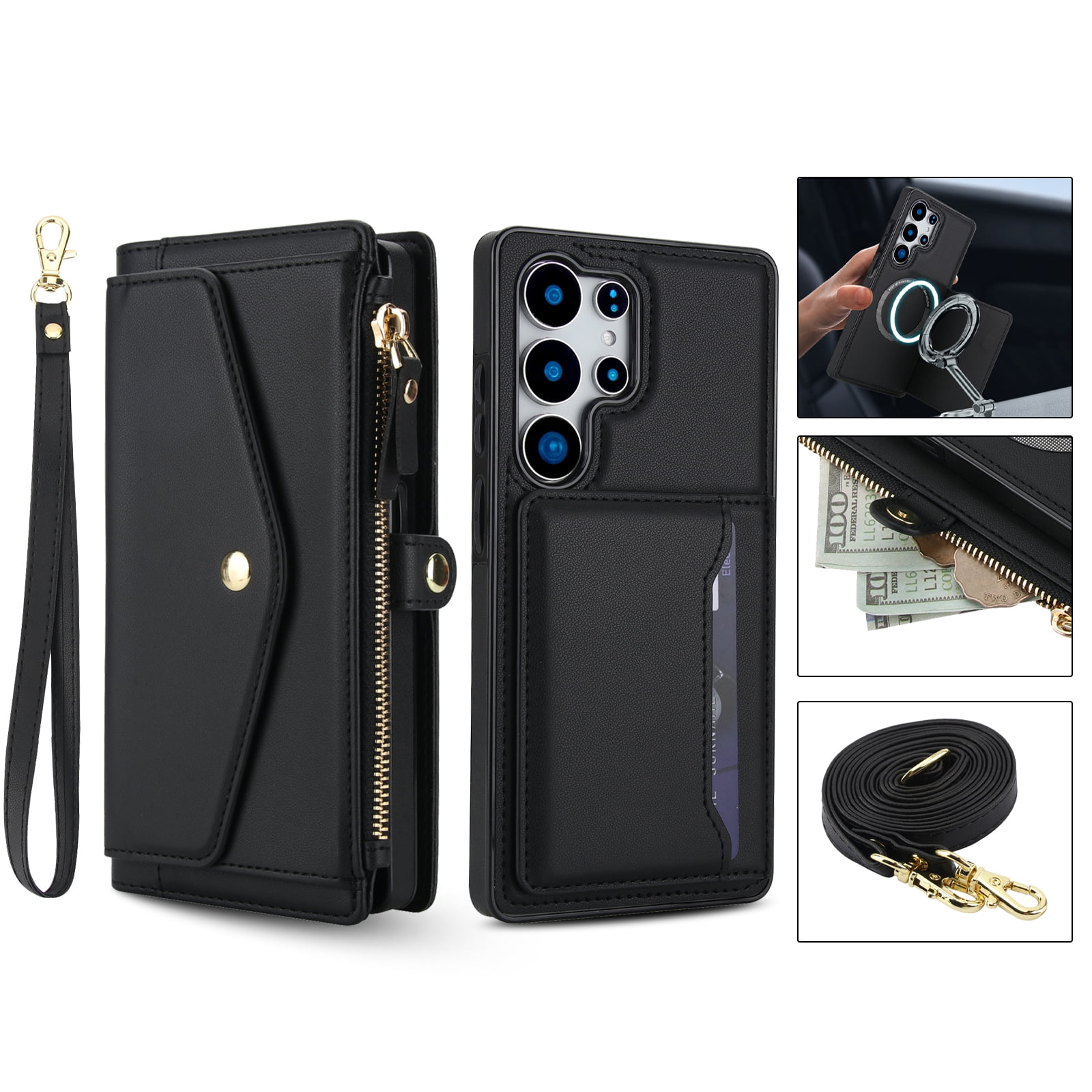 Crossbody Wallet Case for Samsung Galaxy S25 with RFID Blocking Detachable Card Holder Wrist Strap Shoulder Strap, PU Leather Magnetic Snap Zipper Purse Flip Kickstand Phone Case,Black
