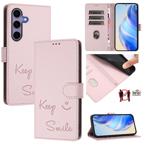 Crossbody Wallet Case for Samsung Galaxy S25, Smile Pattern PU Leather Phone Case with Kickstand RFID Blocking Card Slots, Magnetic Closure Folio Cover with Wrist Strap Lanyard, Pink