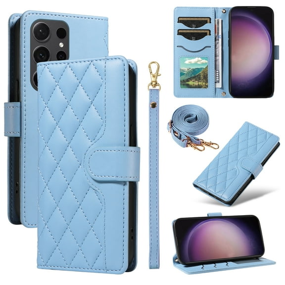 Crossbody Wallet Case for Samsung Galaxy S25 Ultra, with Detachable Shoulder Strap & Wrist Strap, Magnetic Clasp Flip Kickstand Card Holder, PU Leather Shockproof for Women Girls Purse Cover, Blue