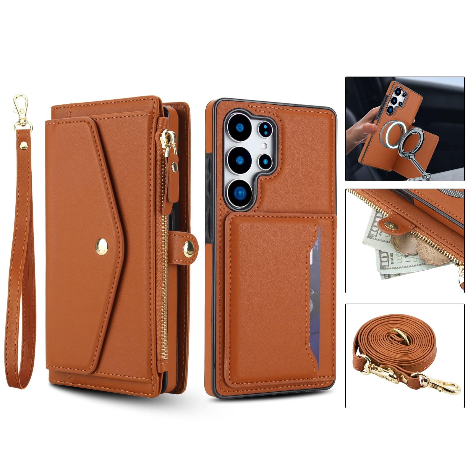 Crossbody Wallet Case for Samsung Galaxy S25 Ultra with RFID Blocking Detachable Card Holder Wrist Strap Shoulder Strap, PU Leather Magnetic Snap Zipper Purse Flip Kickstand Phone Case,Brown