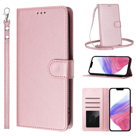 Crossbody Wallet Case For Samsung Galaxy S26 Edge, Premium PU Leather Magnetic Folio Flip Cover with RFID Blocking Card Holders, Lanyard Shoulder Strap & Wristlet, Kickstand Feature - Pink
