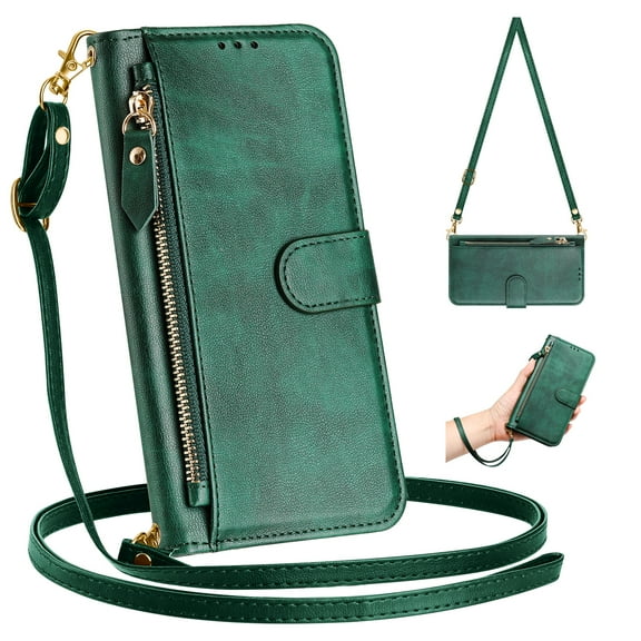 Crossbody Wallet Case For Samsung Galaxy S26 Ultra, PU Leather Flip Stand Case with [RFID Blocking] Card Holder, Zipper Pocket Handbag Magnetic Snap Shockproof Phone Case with Wrist Strap,Darkgreen