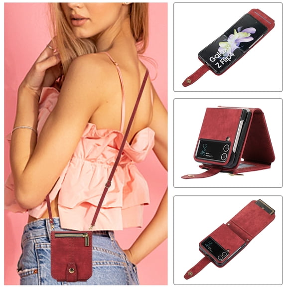Crossbody Wallet Case for Samsung Galaxy Z Flip 3 with RFID Blocking Card Slot Holder, Magnetic Flip Folio Purse Case, PU Leather Zipper Handbag with Detachable Lanyard Strap Phone Case,Red