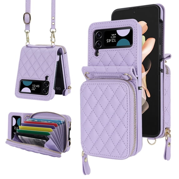 Crossbody Wallet Case for Samsung Galaxy Z Flip 3 with RFID Blocking Card Slot, Zipper Purse Case PU Leather Handbag with Detachable Lanyard and Kickstand for Samsung Galaxy Z Flip 3,Lightpurple