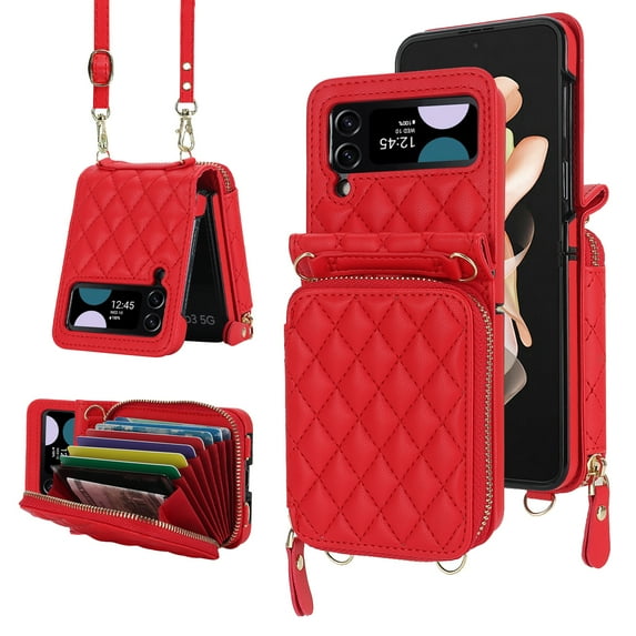 Crossbody Wallet Case for Samsung Galaxy Z Flip 3 with RFID Blocking Card Slot, Zipper Purse Case PU Leather Handbag with Detachable Lanyard and Kickstand for Samsung Galaxy Z Flip 3,Red