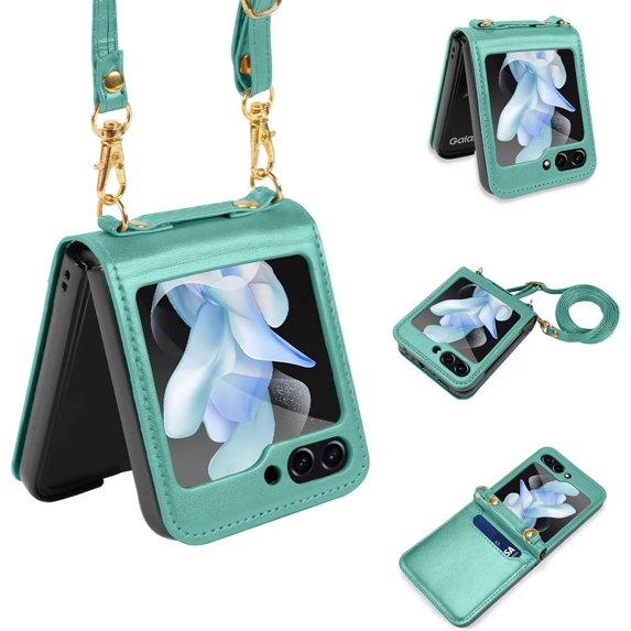 Crossbody Wallet Case for Samsung Galaxy Z Flip 5 Case with 2-Card Credit Card Holder Slot Shockproof Cover Slim Fit PU Leather Protective Phone Case for Women Men-Green
