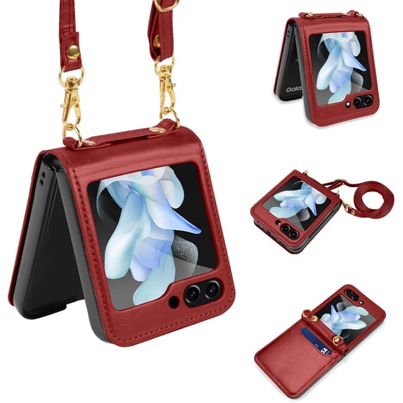 Crossbody Wallet Case for Samsung Galaxy Z Flip 5 Case with 2-Card Credit Card Holder Slot Shockproof Cover Slim Fit PU Leather Protective Phone Case for Women Men-Red