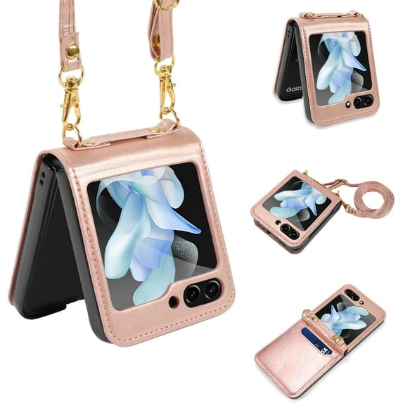 Crossbody Wallet Case for Samsung Galaxy Z Flip 5 Case with 2-Card Credit Card Holder Slot Shockproof Cover Slim Fit PU Leather Protective Phone Case for Women Men-Rose Gold