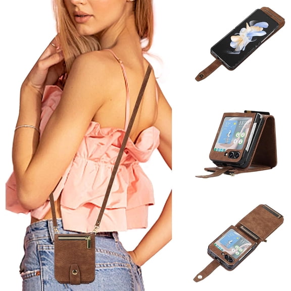 Crossbody Wallet Case for Samsung Galaxy Z Flip 5 5G, Card Slots Adjustable Crossbody Zipper Cover Detachable Lanyard Strap Flip Case with Hand Strap Kickstand Case - Brown