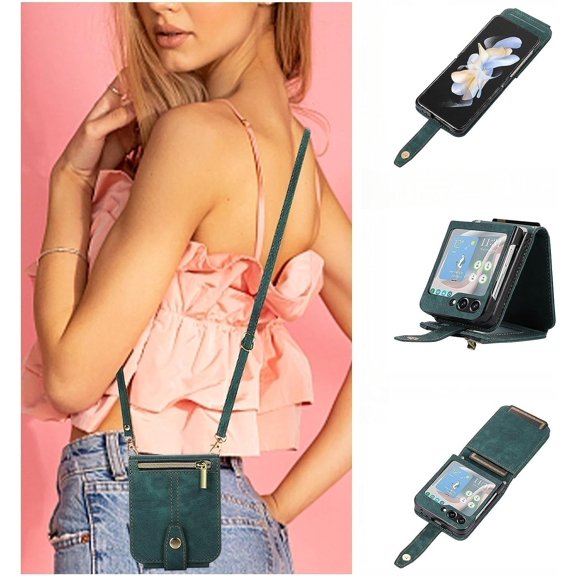 Crossbody Wallet Case for Samsung Galaxy Z Flip 5 5G, Card Slots Adjustable Crossbody Zipper Cover Detachable Lanyard Strap Flip Case with Hand Strap Kickstand Case - Retro Green