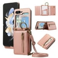 thumbnail image 1 of Crossbody Wallet Case for Samsung Galaxy Z Flip 5 with Lanyard Strap Card Slot Holder RFID Blocking 360° Ring Kickstand,Magnetic Flip Folio Zipper Purse Case, PU Leather Cover Handbag,Rosegold, 1 of 10