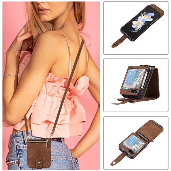 Crossbody Wallet Case for Samsung Galaxy Z Flip 6 with RFID Blocking Card Slot Holder, Magnetic Flip Folio Purse Case, PU Leather Zipper Handbag with Detachable Lanyard Strap Phone Case,Brown