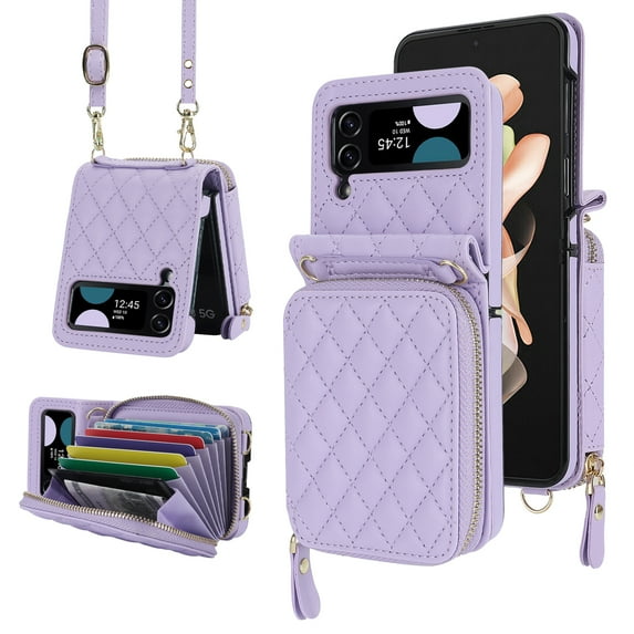 Crossbody Wallet Case for Samsung Galaxy Z Flip 6 with RFID Blocking Card Slot, Zipper Purse Case PU Leather Handbag with Detachable Lanyard and Kickstand for Samsung Galaxy Z Flip 6,Lightpurple