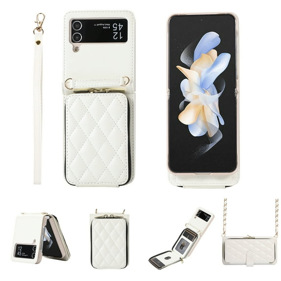 Crossbody Wallet Case for Samsung Galaxy Z Flip3 Chain Lanyard & Wrist Hand Strap Case with Card Slots Zipper Pocket Kickstand, Skin-Feel PU Leather Shockproof Cover, White
