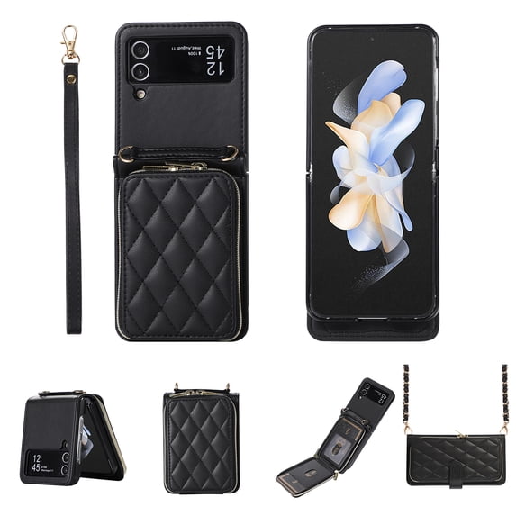 Crossbody Wallet Case for Samsung Galaxy Z Flip3 Chain Lanyard & Wrist Hand Strap Case with Card Slots Zipper Pocket Kickstand, Skin-Feel PU Leather Shockproof Cover, Black