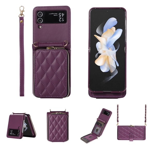 Crossbody Wallet Case for Samsung Galaxy Z Flip4 Chain Lanyard & Wrist Hand Strap Case with Card Slots Zipper Pocket Kickstand, Skin-Feel PU Leather Shockproof Cover, Darkpurple