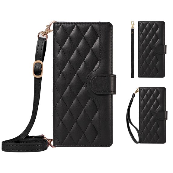 Crossbody Wallet Case for Samsung Galaxy Z Fold 5, Credit Card Slots Elegant PU Leather Magnetic Closure Shoulder Strap Purse Phone Case Flip Stand Full Body Protection Cover for Women Girls, Black