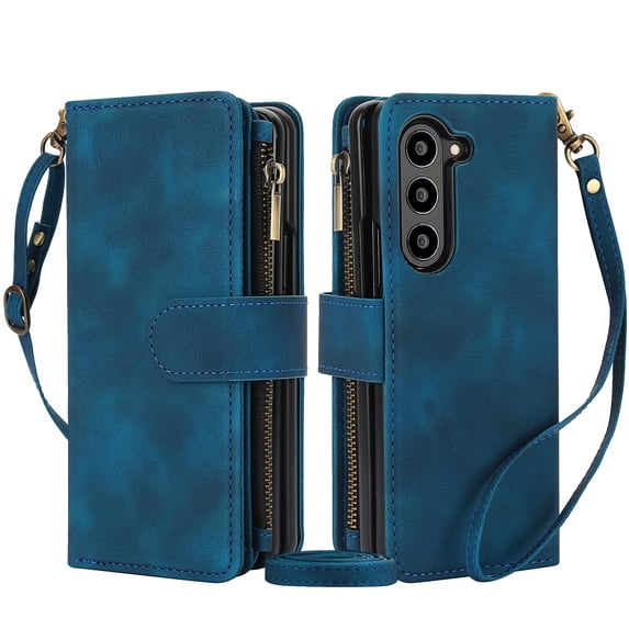 Crossbody Wallet Case for Samsung Galaxy Z Fold 5 RFID Blocking 9-Card Holder Vintage PU Leather Shoulder Strap Zipper Pocket Purse Phone Case for Samsung Galaxy Z Fold 5, Blue