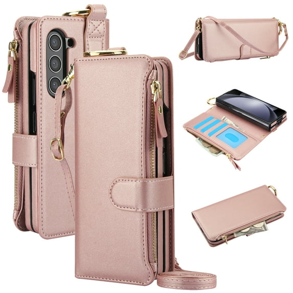 Crossbody Wallet Case for Samsung Galaxy Z Fold 5 RFID Blocking Card Slots, PU Leather Wristband Strap Zipper Pocket Phone Case with Stand Secure Ring Buckle for Samsung Galaxy Z Fold 5, Rosegold