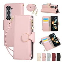 Crossbody Wallet Case for Samsung Galaxy Z Fold 5 with Wrist Strap & Shoulder Strap, Zipper Purse with Magnetic Clasp Stand Card Holder, PU Leather Shockproof Cover for Samsung Galaxy Z Fold 5, Pink