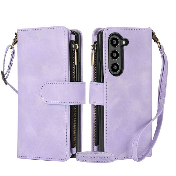 Crossbody Wallet Case for Samsung Galaxy Z Fold 6 RFID Blocking 9-Card Holder Vintage PU Leather Shoulder Strap Zipper Pocket Purse Phone Case for Samsung Galaxy Z Fold 6, Purple