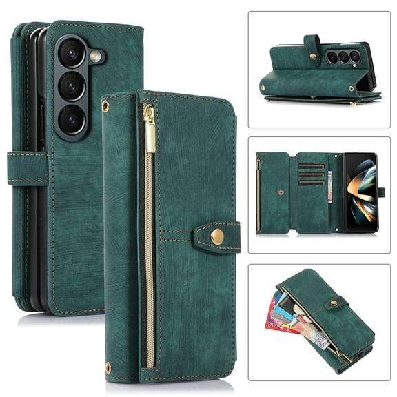 Crossbody Wallet Case for Samsung Galaxy Z Fold 6 with RFID Blocking Card Slot Holder, Magnetic Flip Folio Purse Case, PU Leather Zipper Handbag with Detachable Lanyard Strap Phone Case,Darkgreen