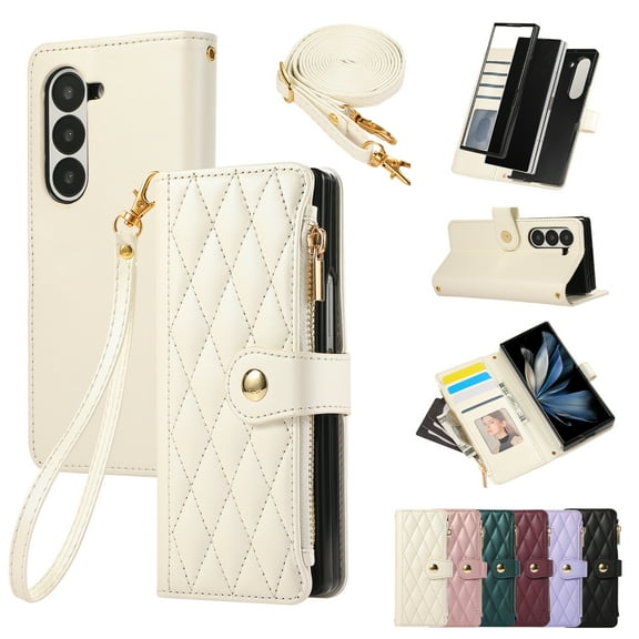 Crossbody Wallet Case for Samsung Galaxy Z Fold 6 with Zipper Card Holder & Shoulder Strap & Wrist Strap, RFID Blocking PU Leather Magnetic Flip Kickstand Handbag Purse Case for Women Girls,Beige