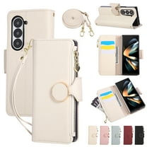 Crossbody Wallet Case for Samsung Galaxy Z Fold 7 with Wrist Strap & Shoulder Strap, Zipper Purse with Magnetic Clasp Stand Card Holder, PU Leather Shockproof Cover for Samsung Galaxy Z Fold 7, Beige