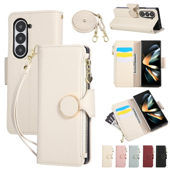Crossbody Wallet Case for Samsung Galaxy Z Fold 7 with Wrist Strap & Shoulder Strap, Zipper Purse with Magnetic Clasp Stand Card Holder, PU Leather Shockproof Cover for Samsung Galaxy Z Fold 7, Beige