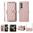 thumbnail image 1 of Crossbody Wallet Case for Samsung Galaxy Z Fold4 Chain Lanyard & Wrist Hand Strap Case with Card Slots Zipper Pocket Kickstand, Premium PU Leather Magnetic Clasp Shockproof Cover, Rosegold, 1 of 9