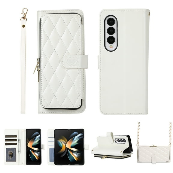 Crossbody Wallet Case for Samsung Galaxy Z Fold4 Chain Lanyard & Wrist Hand Strap Case with Card Slots Zipper Pocket Kickstand, Premium PU Leather Magnetic Clasp Shockproof Cover, White