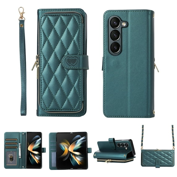 Crossbody Wallet Case for Samsung Galaxy Z Fold5 Chain Lanyard & Wrist Hand Strap Case with Card Slots Zipper Pocket Kickstand, Premium PU Leather Magnetic Clasp Shockproof Cover, Darkgreen
