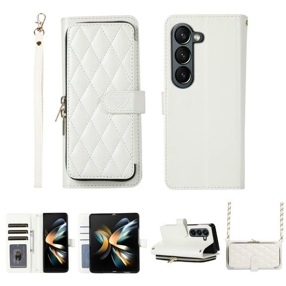 Crossbody Wallet Case for Samsung Galaxy Z Fold5 Chain Lanyard & Wrist Hand Strap Case with Card Slots Zipper Pocket Kickstand, Premium PU Leather Magnetic Clasp Shockproof Cover, White