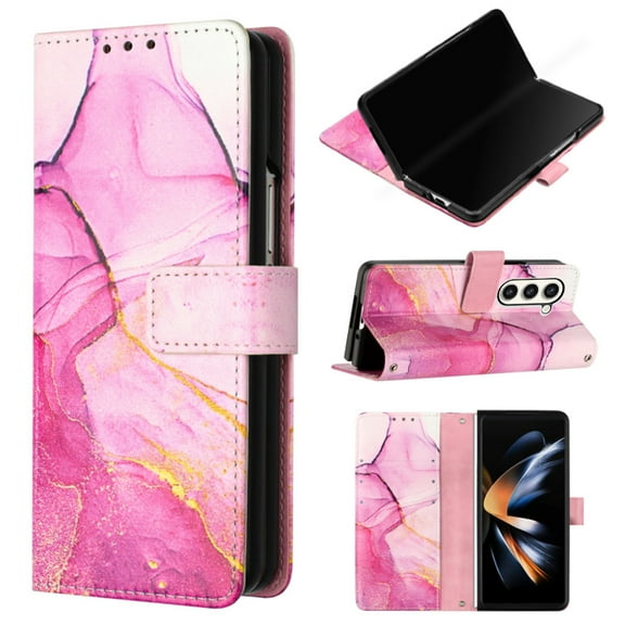 Crossbody Wallet Case for Samsung Galaxy Z Fold5, Marble Pattern Luxury PU Leather Detachable Shoulder Strap Lanyard Magnetic Clasp Flip Cover with Card Slots Holder Kickstand Case,Rose