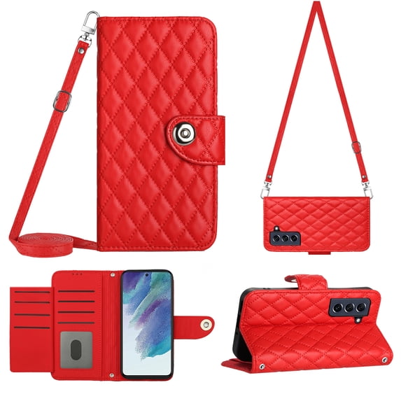 Crossbody Wallet Case for Samsung S21 FE RFID Blocking Elegant Premium Leather Purse with Credit Card Holder, Shoulder Strap Kickstand Handbag Flip Cover for Samsung Galaxy S21 FE, Red